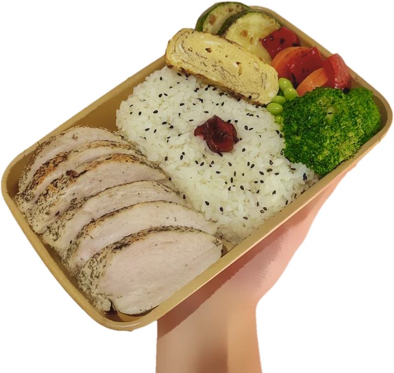 Hand holding a Power Bento with sliced aburi chicken breast, rice, tamagoyaki and vegetables
